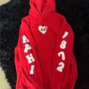 Red Hoodie with White Alpha Phi Lettering